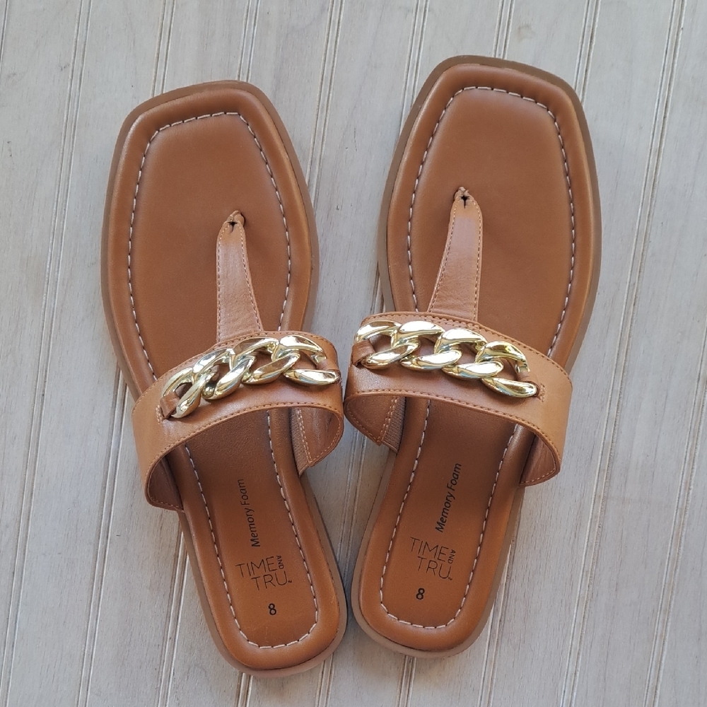 Time & Tru Tan Gold Chain Strap Square Toe Flat Comfy Stylish Thong Sandals
